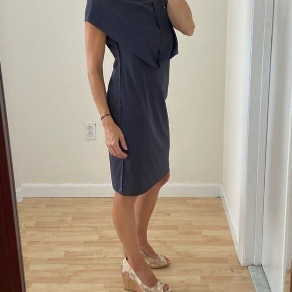 Slate Gray Draped Front Raw Edge Sheath Dress - Picture 2 of 11